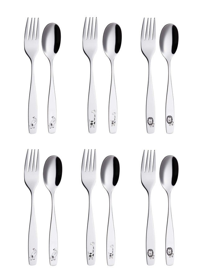 ANNOVA Kids Silverware 12 Pieces Children's Safe Flatware Set Stainless Steel - 6 x Children Forks, 6 x Dinner Spoons, Toddler Utensils, for Lunchbox (Safari Animals Etched Elephant, Giraffe, Lion) - Image 1